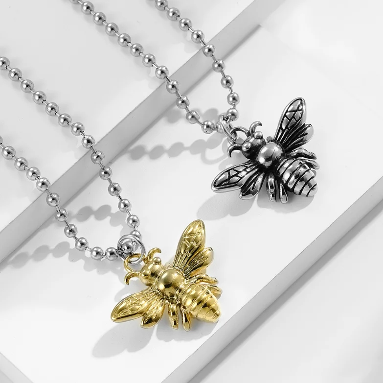 Vintage Style Honeybee Pendant Stainless Steel Ball Chain Necklace Electroplated 8k Gold Steel Custom Unisex Jewelry Necklace