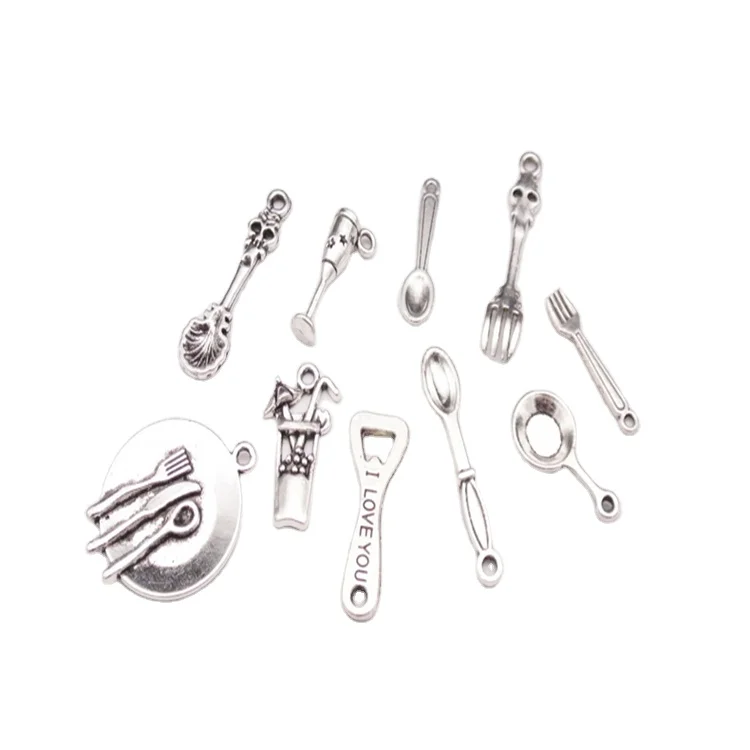 Custom mini antique silver fork spoon pendants charms for diy jewelry making