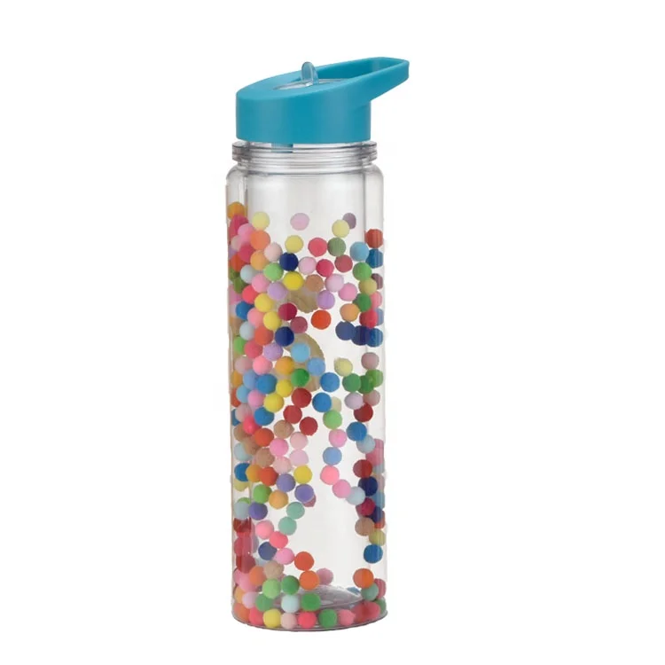 
Pink glitter dust double walled unique plastic mineral transparent water bottle with straw 