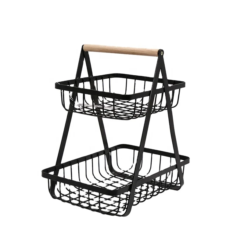 
kitchen baskets 2 Layer Black Customized Ins Vegetable Fruit House Decorated Wood Handle Metal Storage Organizers Wire Basket 