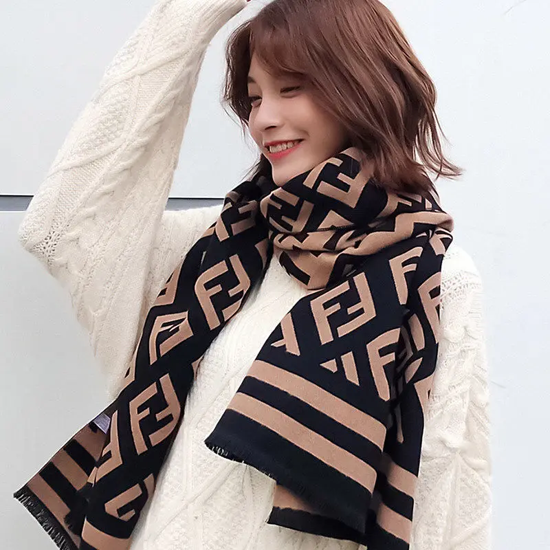 Fashion Designer Pashmina Double-sided Fd Printing Scarf Winter Warm Thickened Warm Neck Soft Cashmere Long Shawls for Women
