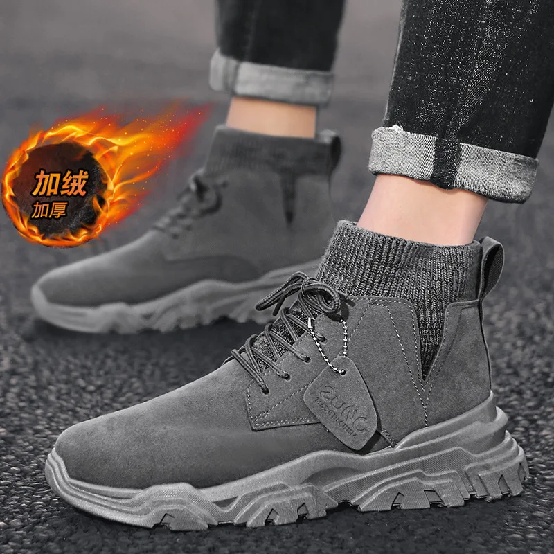 Мужские Фланелевые ботинки, черные ботинки с высоким берцем, рабочая обувь, Осень-зима 2022