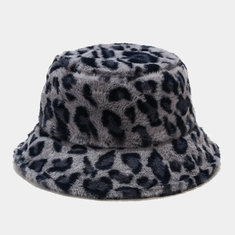 Wholesale Custom Women Colorful Leopard Printed Pattern Design Winter Thick Furry Plush Fisherman Bucket Hat Caps