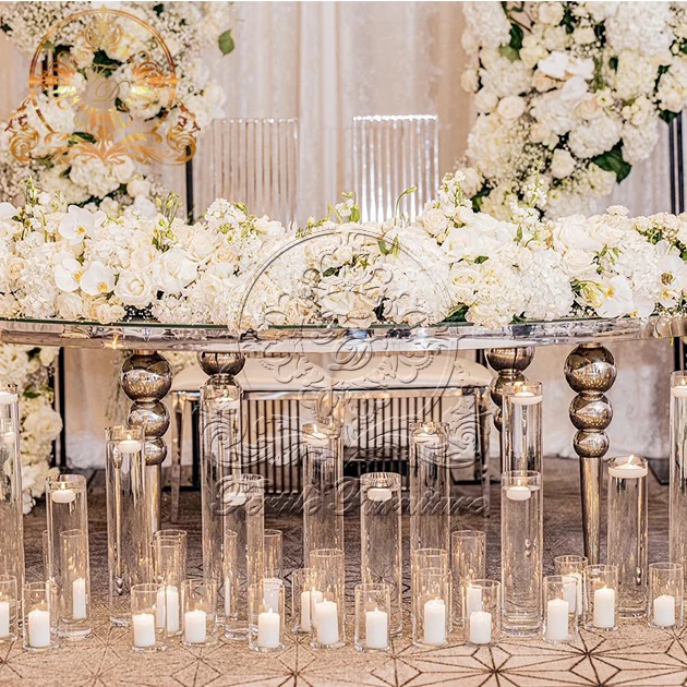 Round Luxury Glass Event Golden Stainless Steel Half Moon Dining Table