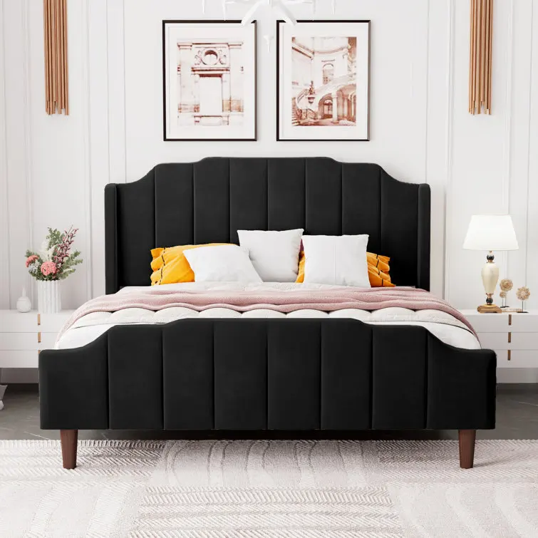 Kainice Bedroom Furniture Wooden Bed Double Modern Black Luxury Velvet Fabric Beds Upholstered Wingback Channel Tufted Bed