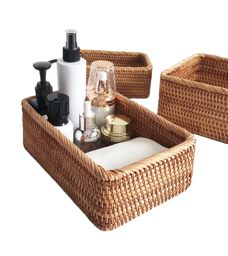 Environmental Friendly Hand - Woven Cosmetics Snacks Square Rattan Woven Set Of 3 - Piece Storage Box