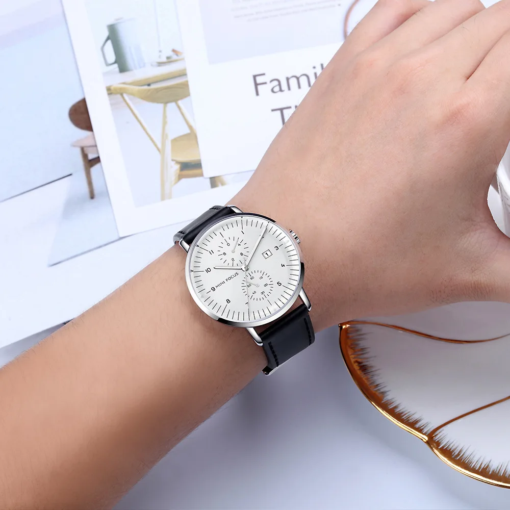 MINI FOCUS MF0052G Fashion Leather Men Quartz Watches Reloj De Hombre Chronograph Waterproof Wrist Watches for Men