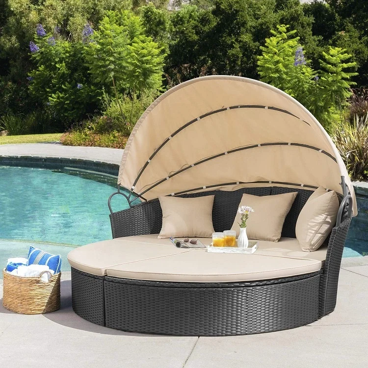 Outdoor with Canopy Set Wicker Tanning Rattan for Two Round Oversized Daybed Relaxing Sunbed