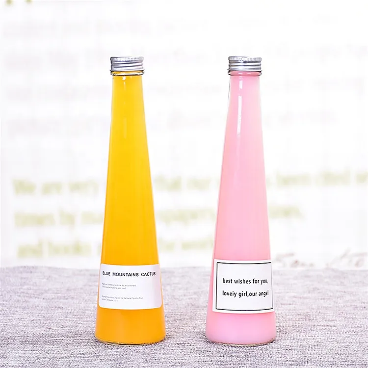 Unique Personalized 200ml circular cone shaped wholesale glass juice bottles
