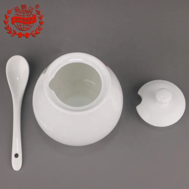 High quality White round Design Bone China Sugar Pot Ceramic sugar jar with spoon