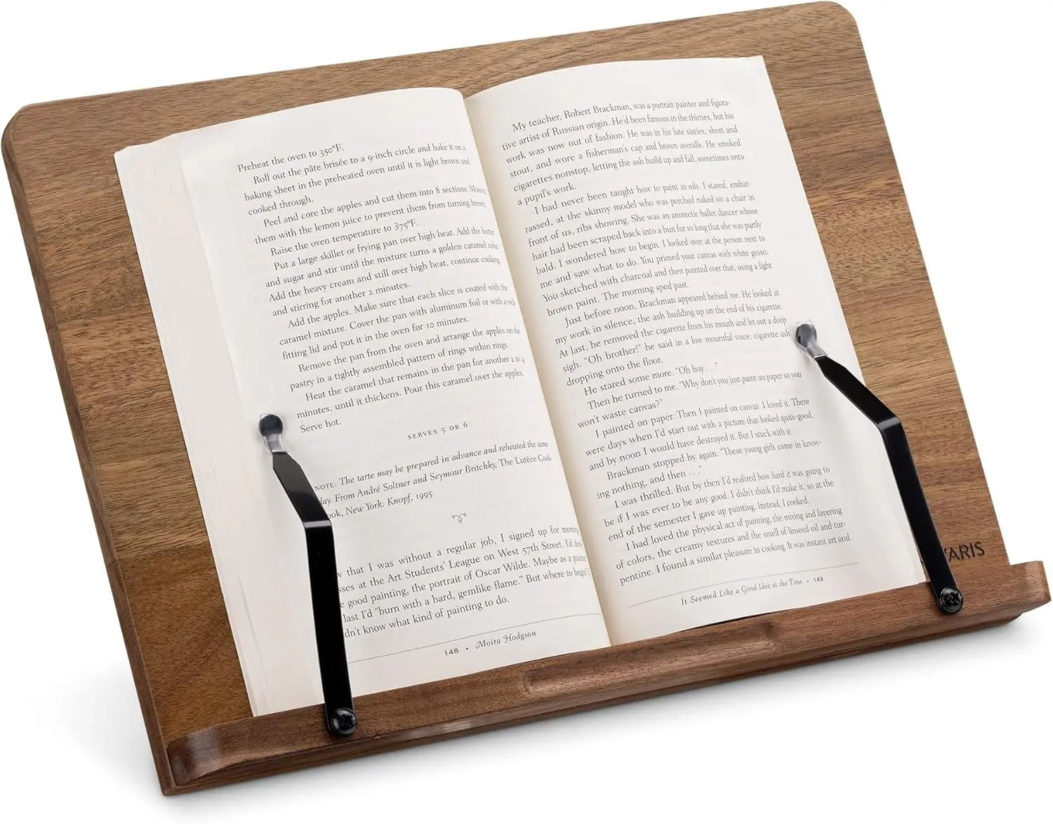 Wooden Book Stand Hands-Free Reading Recipe Cookbook Tablet Holder with 2 Adjustable Metal Page Holders with Grips