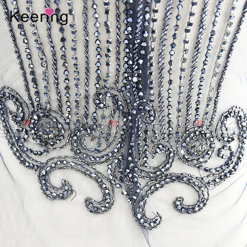 Popular Keering Wholesale New Design WDP-253 Blue Evening Bridal Dress Crown 3D Beads Bodice Flatback Rhinestone Applique