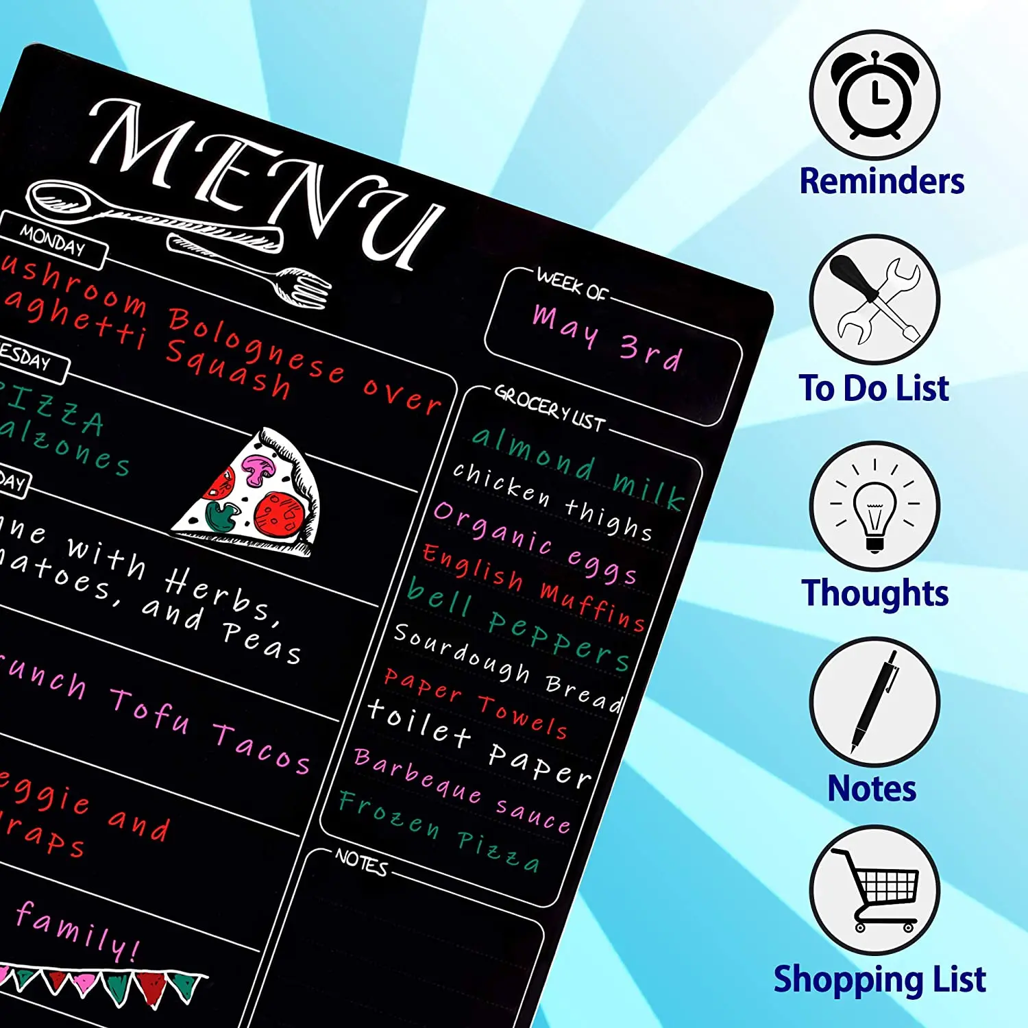 Черная магнитная доска на заказ, Еженедельный планировщик меню еды, сухая стираемая магнитная доска на холодильник