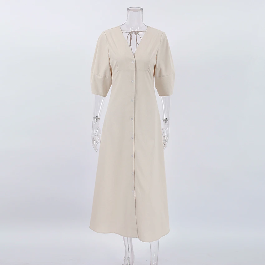 OOTN Ladies V-Neck Cotton Dresses Soft Summer 2023 Puff Sleeve Long Backless Button Dress Elegant Beige Women Linen Dress