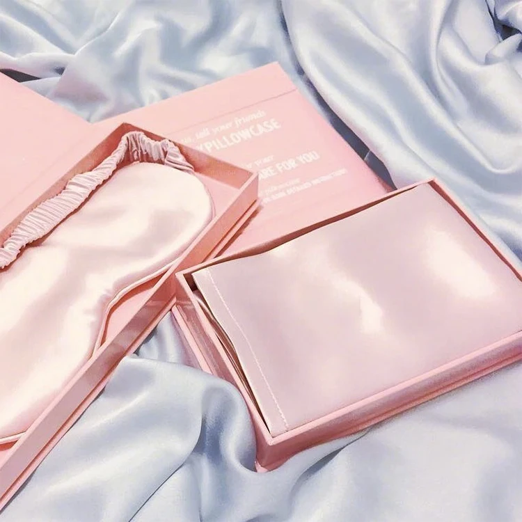 Custom logo pure silk pillowcase scrunchie with box hair tie 100% mulberry silk sleep eye mask and pillow case set