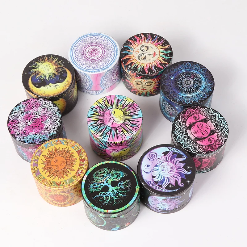 Futeng New Arrivals 50mm Full printing 4 Layers Zinc Alloy Metal Herb grinder Wholesale Dry Tobacco Crusher Spice Grinder