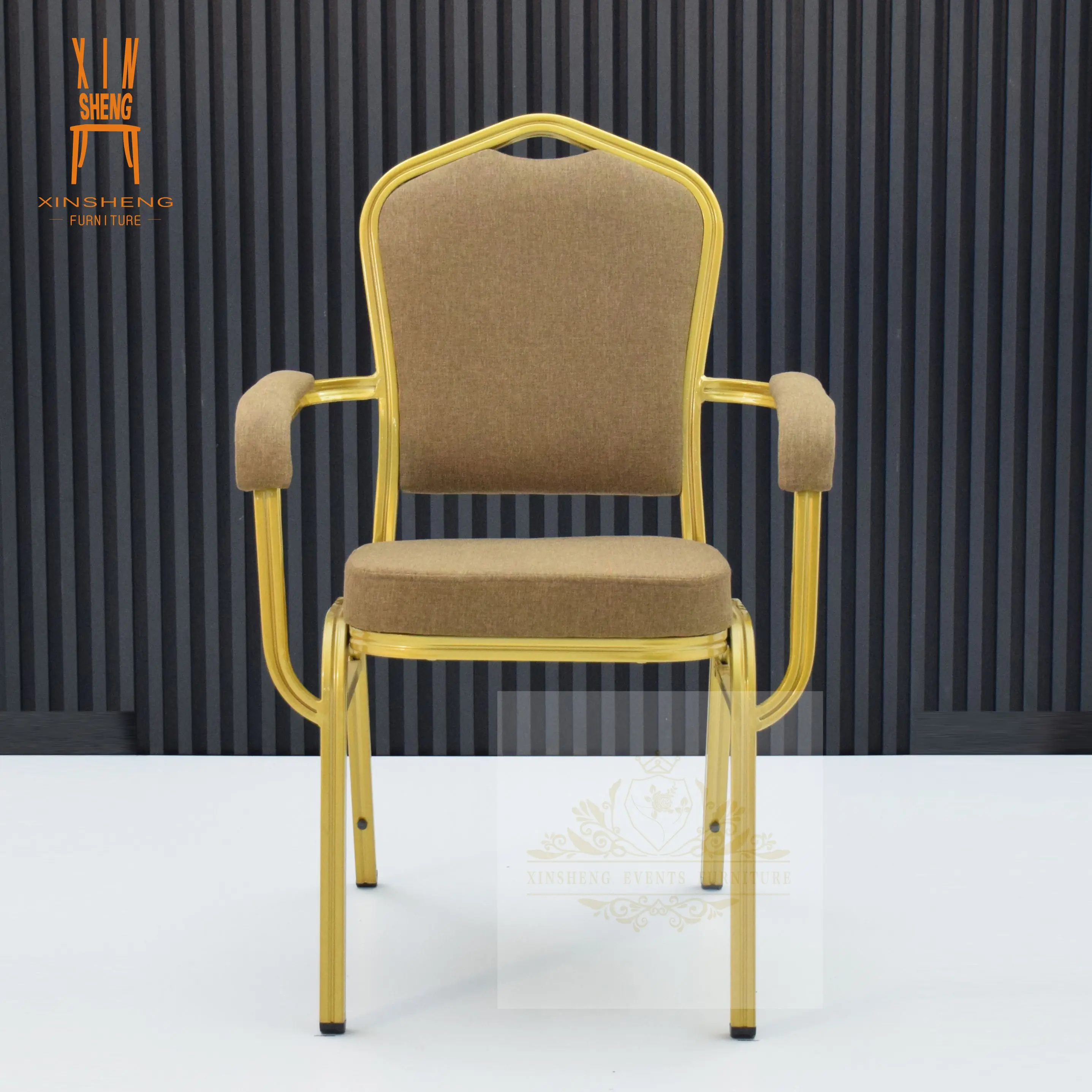 High quality wholesale gold metal frame with arm party chair for hotel banquet wedding dining chair