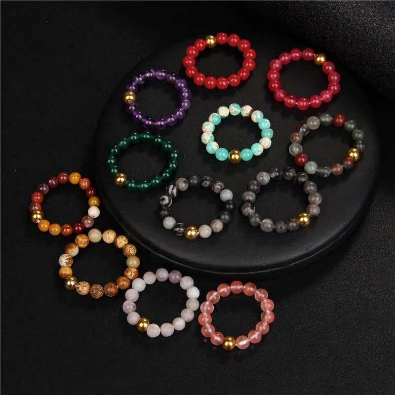 Bestone Newest Simple Design 4mm Natural Semi-precious Stone Agate Elastic Beads Ring Women