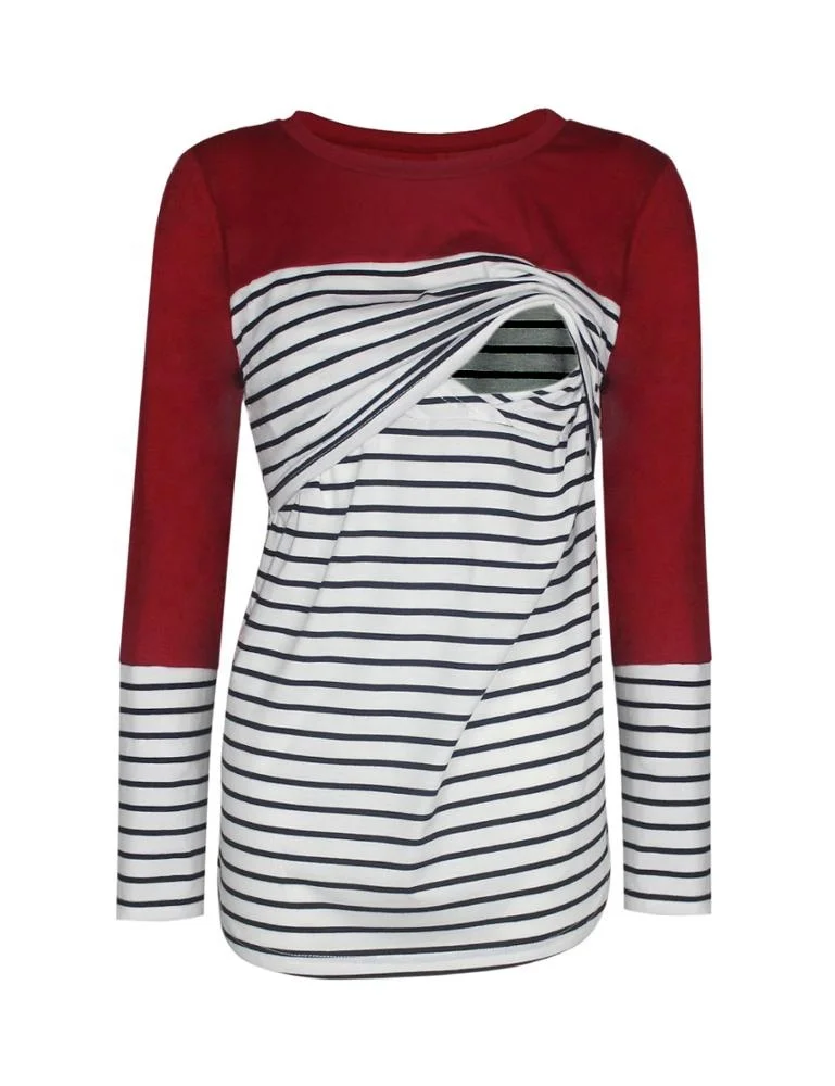 Лидер продаж, полосатая футболка с длинным рукавом и круглым вырезом для беременных женщин для грудного вскармливания