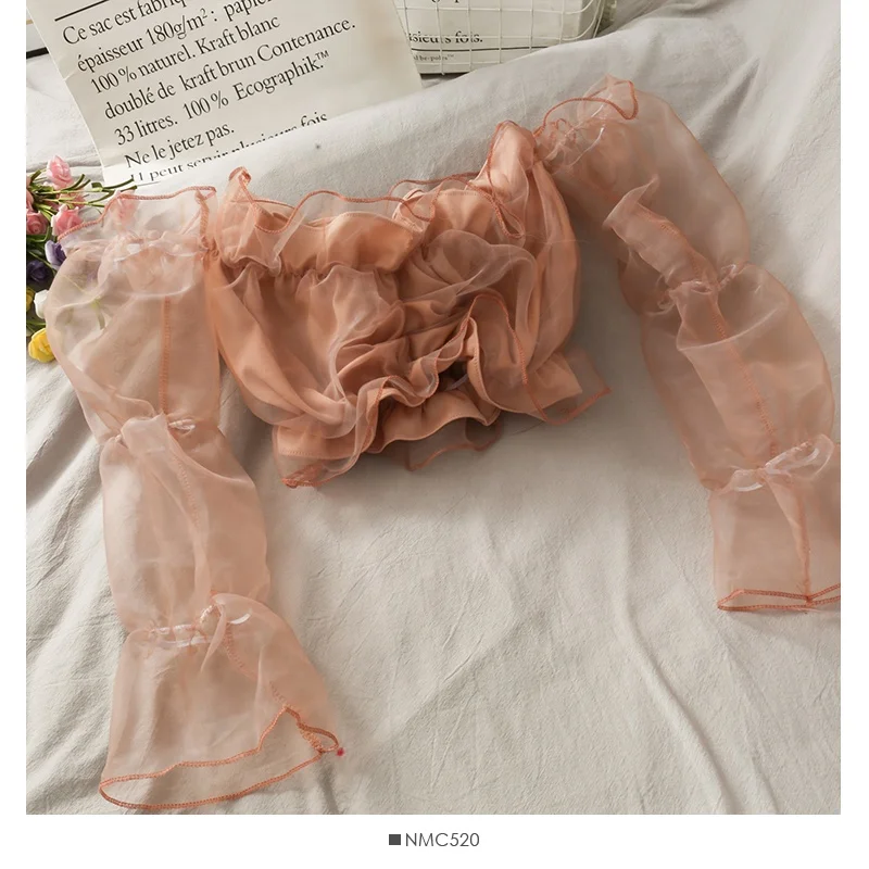 Ruffled Off Shoulder Organza Short Blouses Trendy Spring Summer Sexy Solid Color Long Puff Sleeves Slim Cropped Tops T11415P