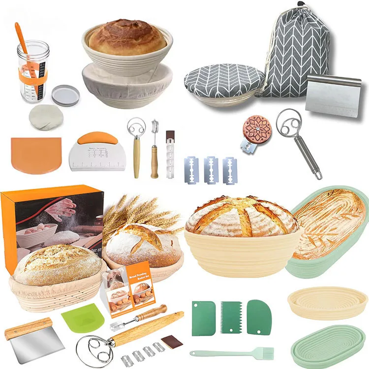 Wholesale 9 inch round banneton basket bread set kitchen rattan sourdough starter kit with logo