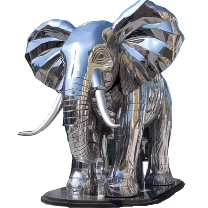 Bright silver stainless steel big elephant sculpture outdoor metal large animal statues