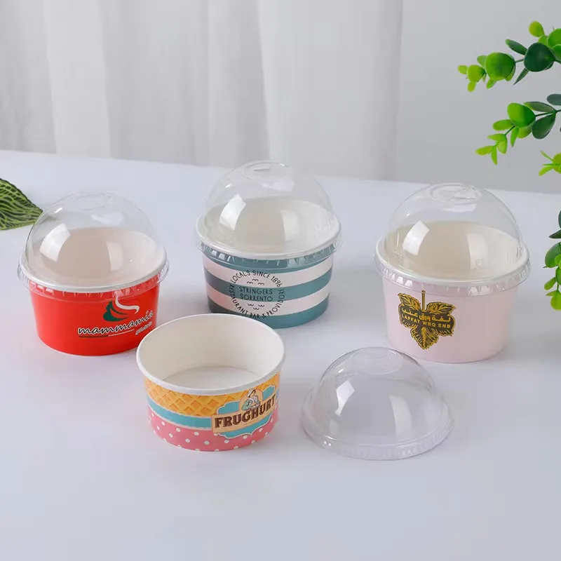 Factory Custom Printed Food Grade Food Packaging  Paper ice cream cup Disposable Oil proof Take away packaging  with lid