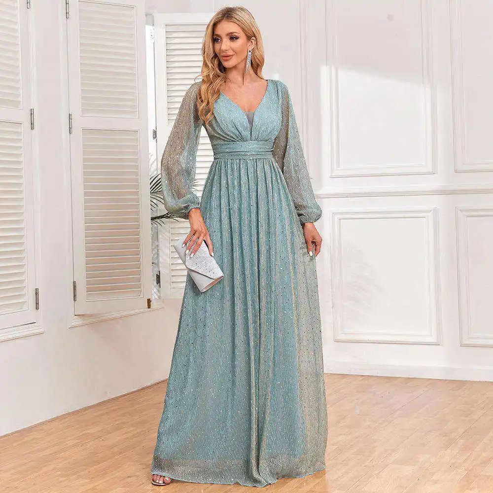 EP Spring Trendy 2024 Custom Oem Casual Bridesmaid Dresses Wedding Long Sleeve V -neck Shiny Stretch Evening Dress For Women