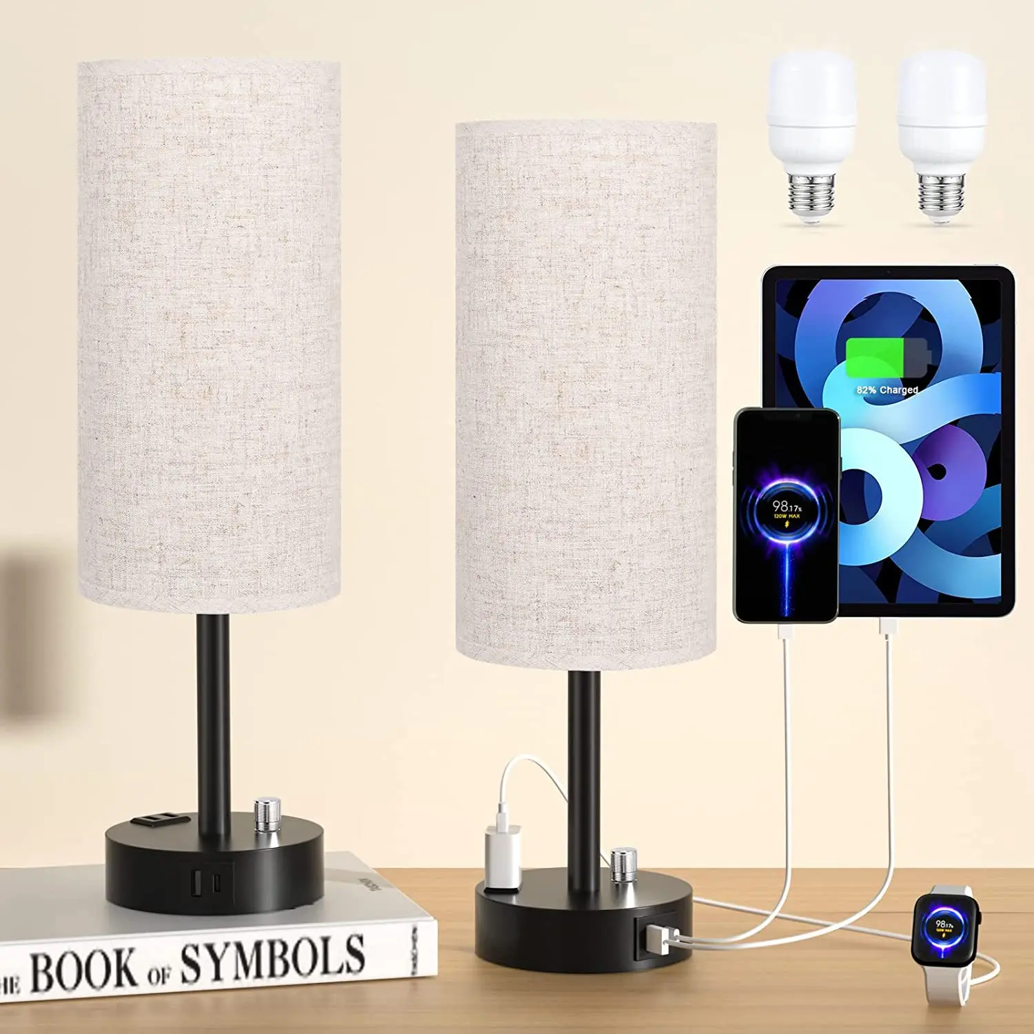 Home Hotel Warm Soft Linen Shade Desk Lamp Creative Modern Table Light with USB Charging Port