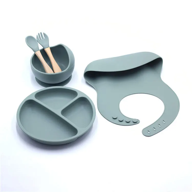 Reasonable Price Training Tableware Silicone Feeding Bib Wood Handle Spoon And Fork Baby Suction Bowl And Plate Set For Babies