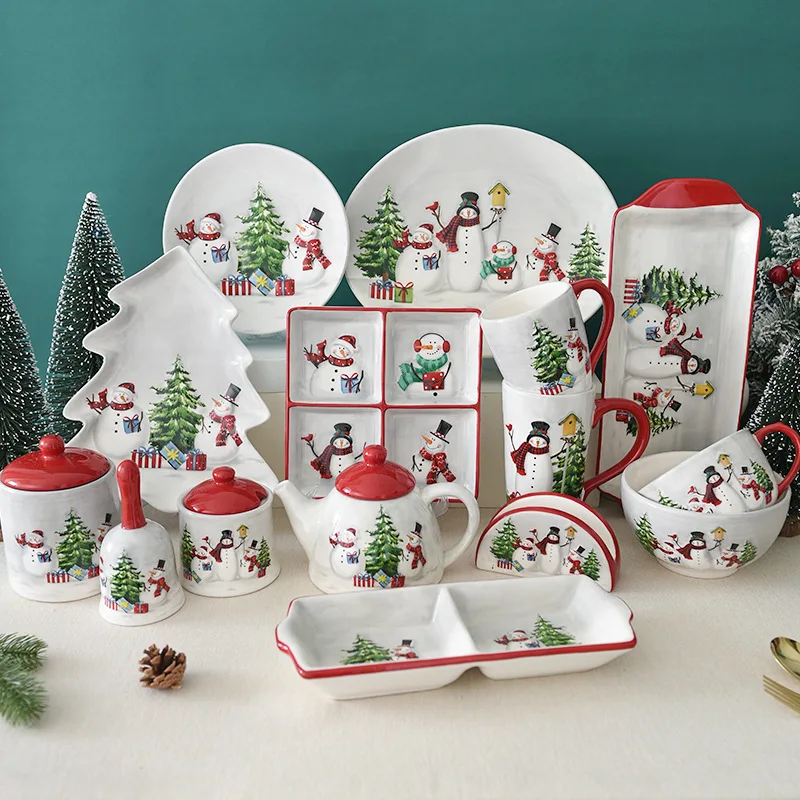 Nordic rural Christmas snowman bowl plate tableware set embossed rice salad bowl western-style ceramic plate cup