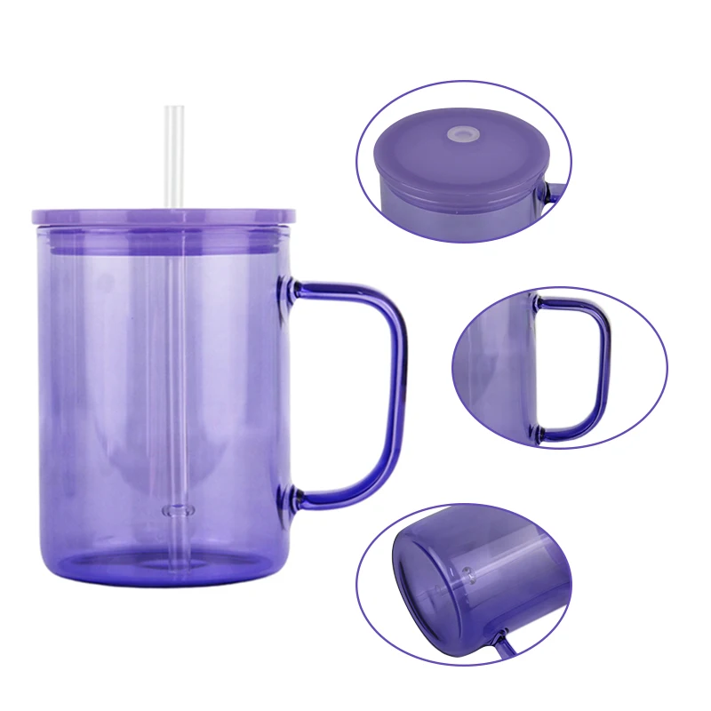 New Arrival Stocked 15oz Frosted Clear Glass Can Sublimation Blank Soda Mason Jar Milk Beer Cup with Colorful Lid and Straw