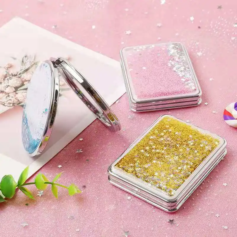 Custom Logo Mini Small Quicksand Mirror 5 Colors Round Square Glitter Pocket Makeup Mirror