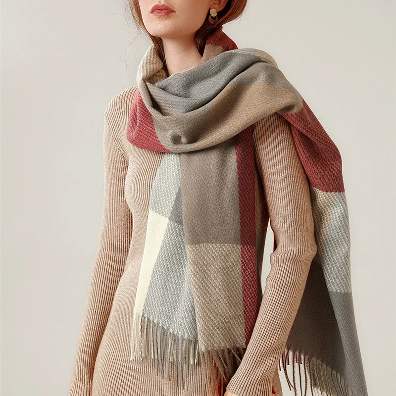 New Design Soft Scarf Shawl Wool Cashmere Blended Yarn Dyed Plaid With Tassels Winter Scarf for Women