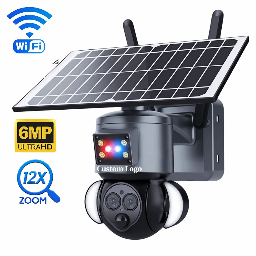Custom Logo 6MP WiFi HD PIR Human Detection PTZ Security System Speed Dome 12X Zoom Wifi Outdoor Solar CCTV Camera