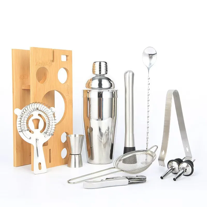 Bulk Cheap Mixology Bartending Kit Bartender With Stand Stainless Steel Drinkware Bar Tool Set Holder Stand for Bar Lounge Party