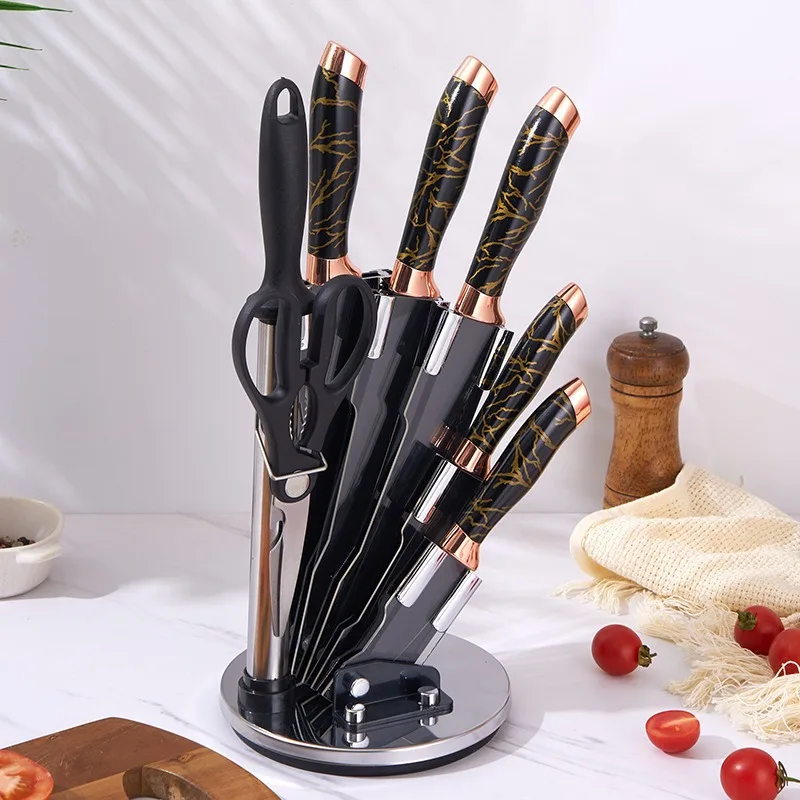 8pcs Eco-Friendly Metal Knife Set with Rotate Block Includes 7pcs Utility Knives Cutting Food 3Cr13 Blade Material Restaurants