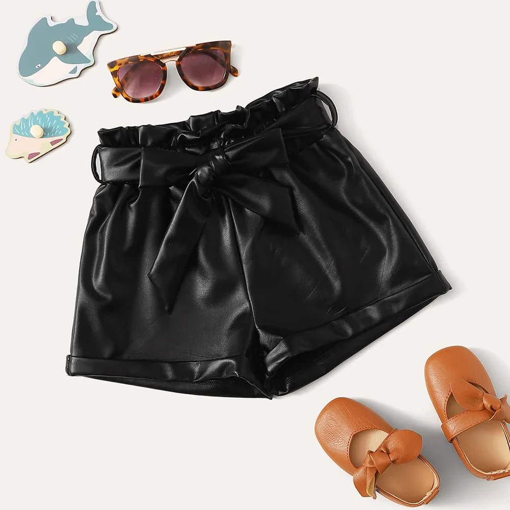 
Mysweeby 2021 Wholesale Belted PU Black Leather fashion baby girl shorts summer clothes for kids 