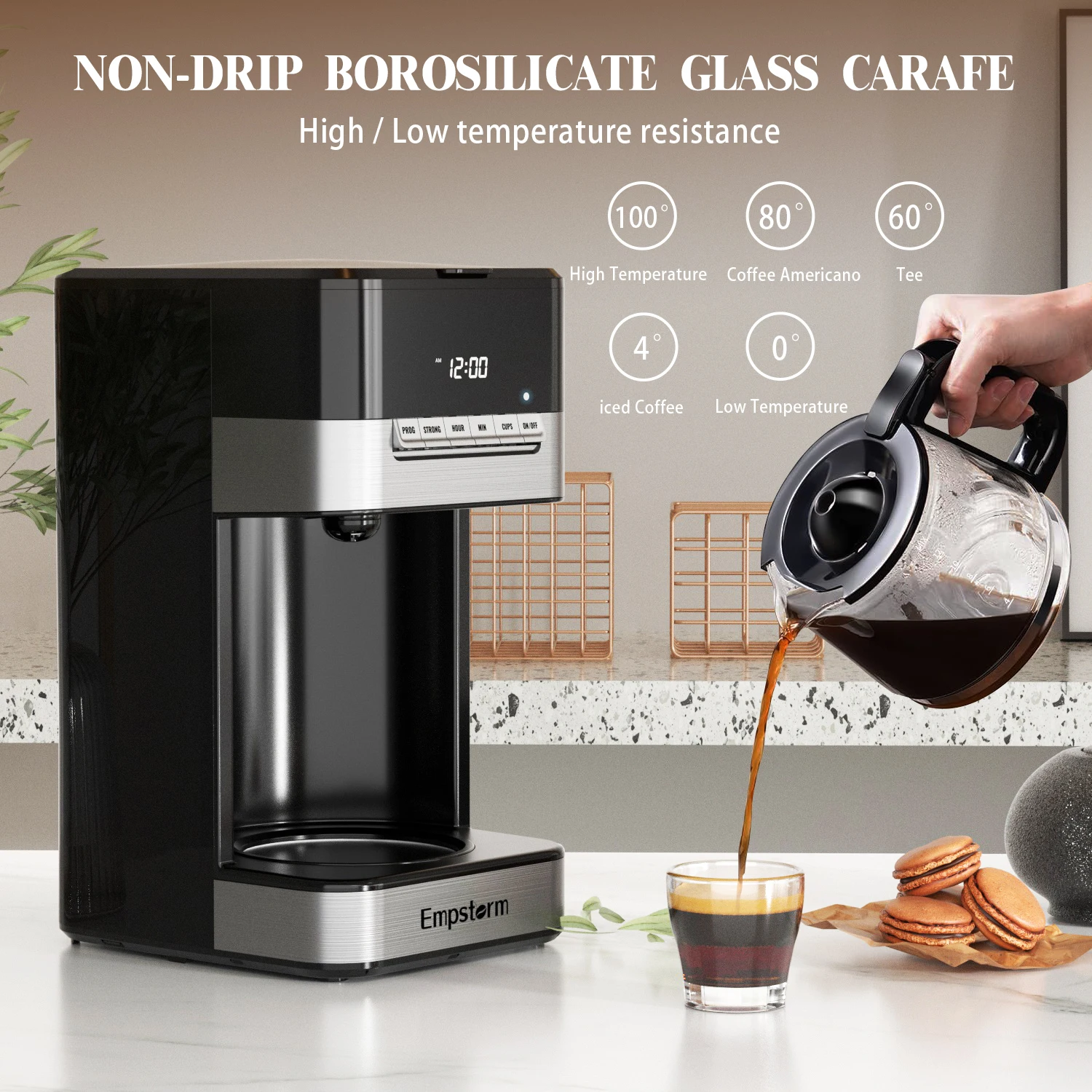 Empstorm new product semi-auto instant dripping regular 12cups glass pot new coffee makers machines with complete accessories