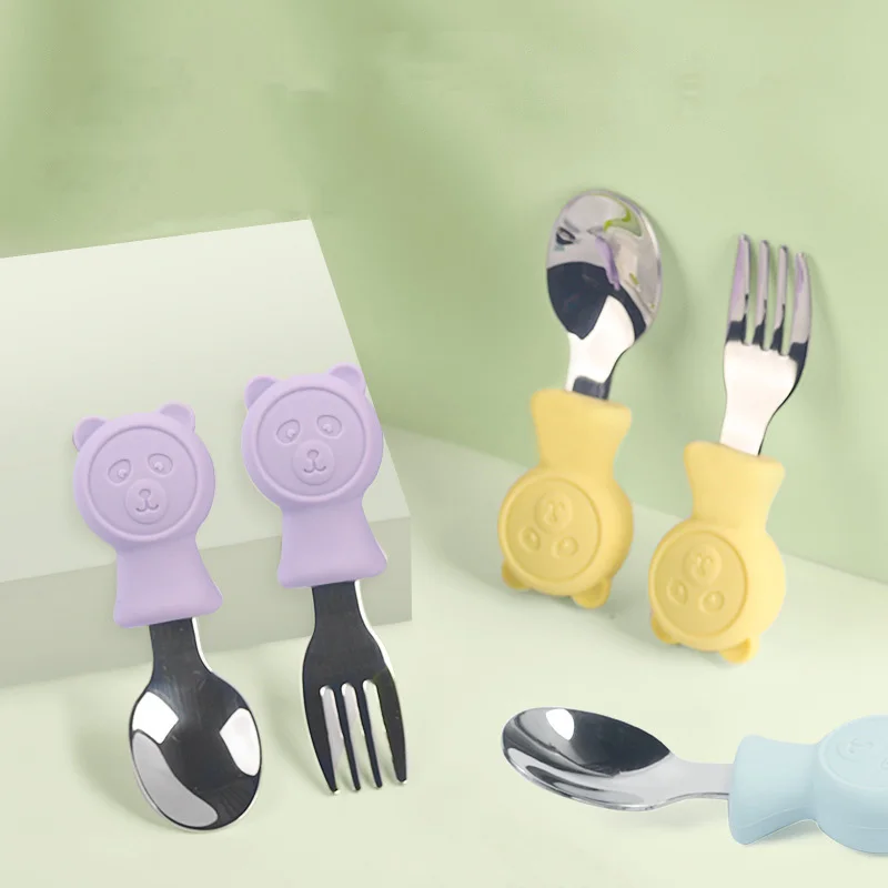 Children Utensil Stainless Steel Soon fork set Toddler Dinnerware Cutlery Cartoon Infant Food Feeding Spoon Fork