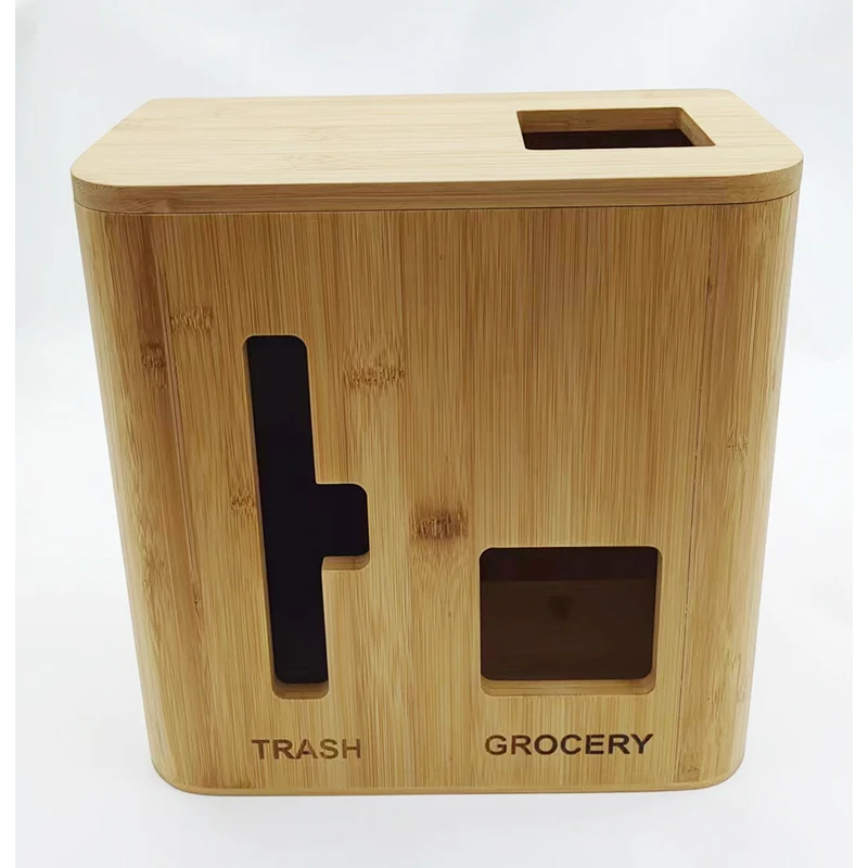 Factory Custom Bamboo Wall Mounted Grocery Trash Bag Holder Storage Organizer 2 in 1 Dispenser