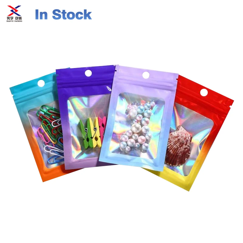 In-Stock Holographic Laser Zipper Foil Packaging Plastic Flat Bag  Resealable Mylar Food Bag With Clear Window