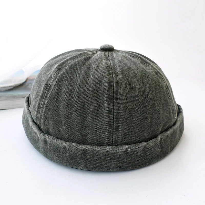 Hip Hop Men Headwear Brim Rolled New Stylish 6 Panels Hippie Washed Cotton Denim Melon Bonnet Docker Landlord Brimless Cap Hats