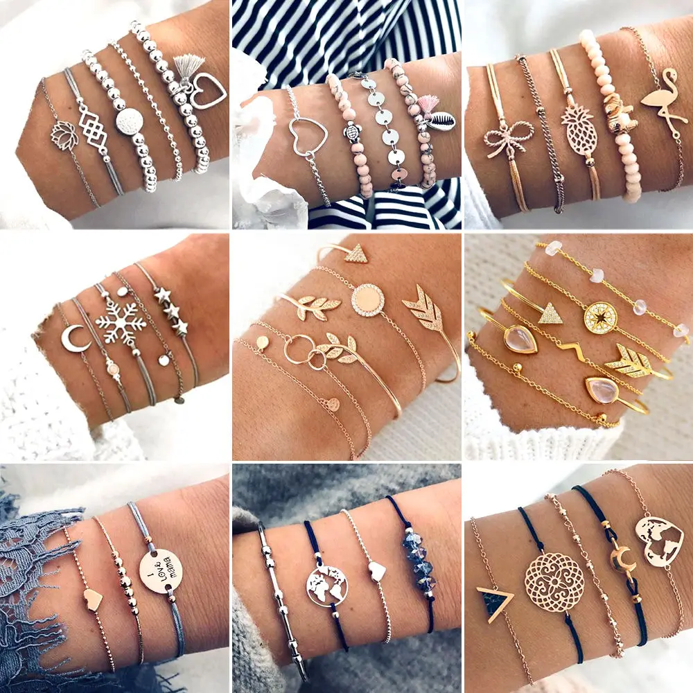 Fashion Dainty Women Bracelets Set Jewelry Boho Style Heart Shell Star Moon Bow Map Crystal Bead Bracelet /