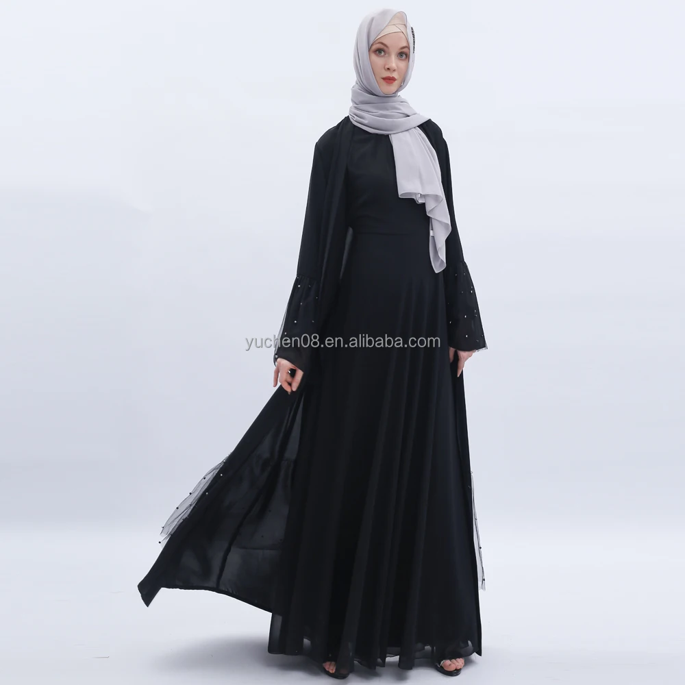 New trumpet sleeve soild black chiffon fabric plain black with  pearl  kimono islamic abaya