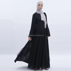 New trumpet sleeve soild black chiffon fabric plain black with  pearl  kimono islamic abaya