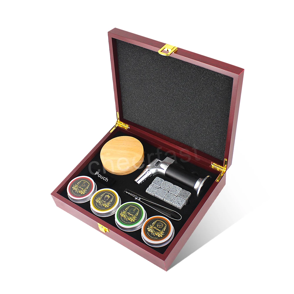 Wooden Box Cocktail Smoker Kit Gift Set Whiskey Smoker Infuser Kit For Drinking With Granite Ice Cube Torch And Wood Chips