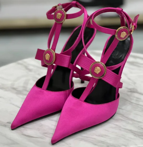 Europe and the United States new high-heeled pointed metal buckle bow red satin satin after the empty head strap sandals woman