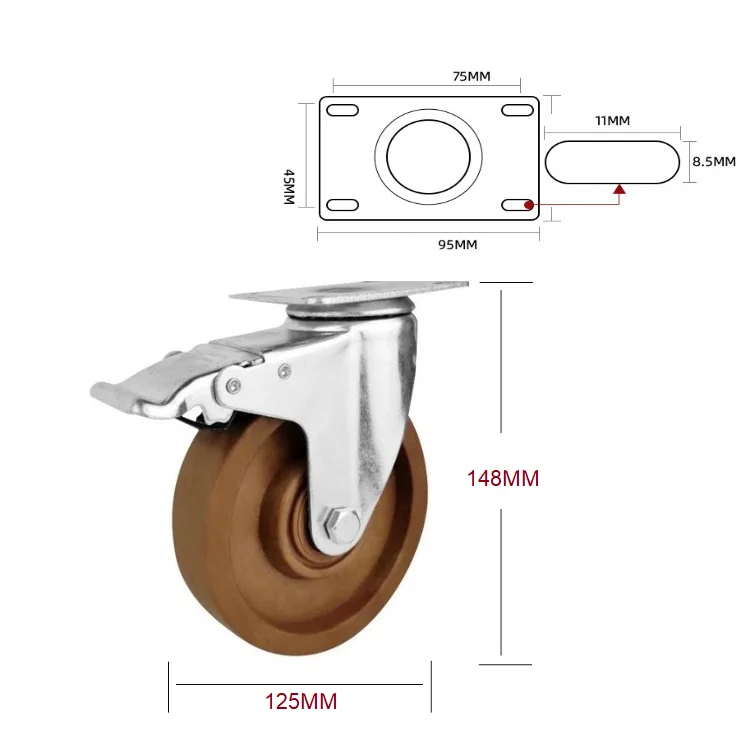 300C High temperature 5 inch 125mm industrial swivel caster with glass filled nylon wheel with brake