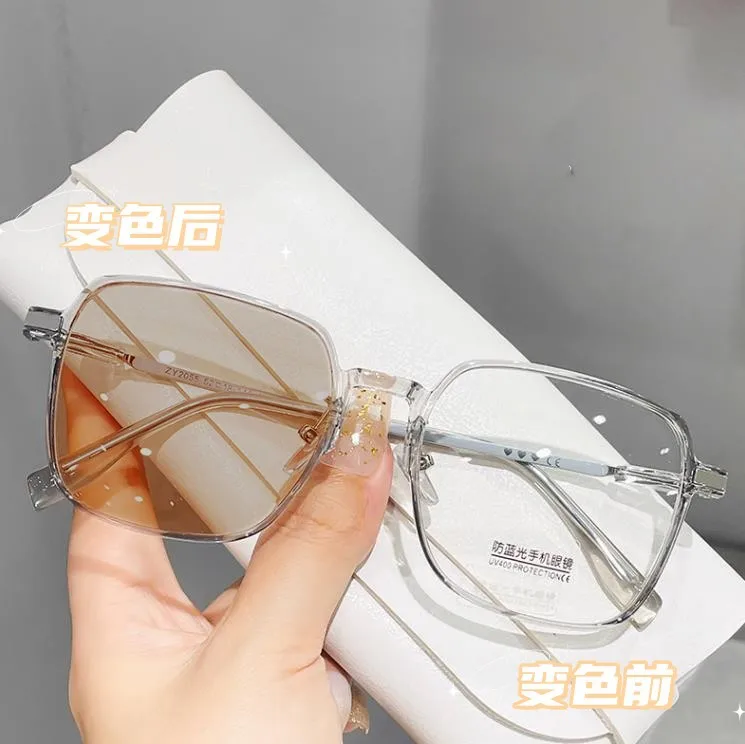 Photochromic Myopia Glasses Women Men Anti Blue Light Big Frame Square Metal Eyeglasses Optical Frame for Women Girls